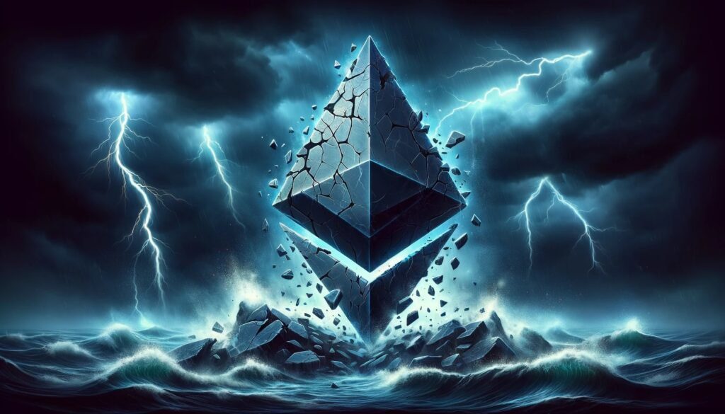 DALL·E 2024 03 06 07.29.01 Create a dramatic and ominous digital artwork for a news report titled Ethereum Catastrophe Looms Without Key EIP In Next Hard Fork. The image shoul