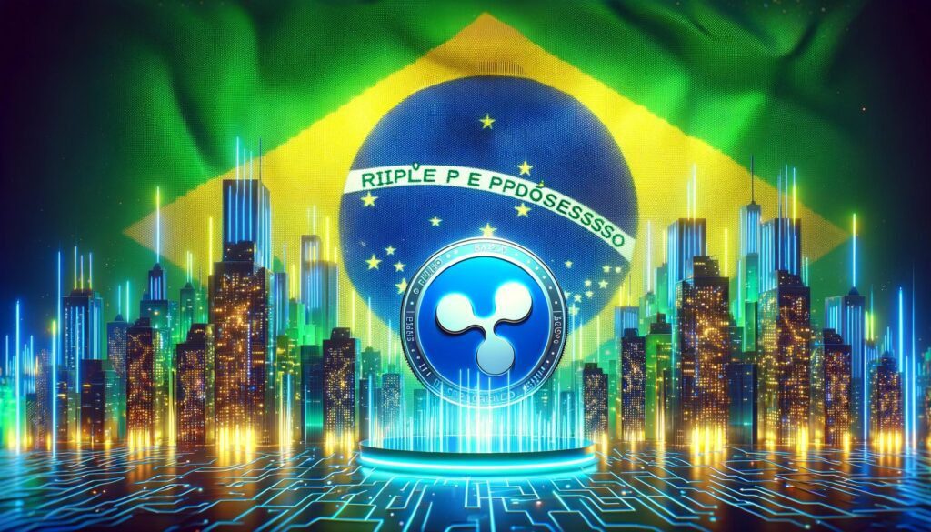 DALL·E 2024 03 19 10.06.15 A digital artwork featuring a futuristic cityscape with neon signs and holographic displays prominently showcasing the Brazilian Real Stablecoin along.webp