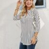 Ninedaily Women's 3/4 Sleeve Plaid Shirts Zip Floral Casual Tunic Blouse Tops - Image 3