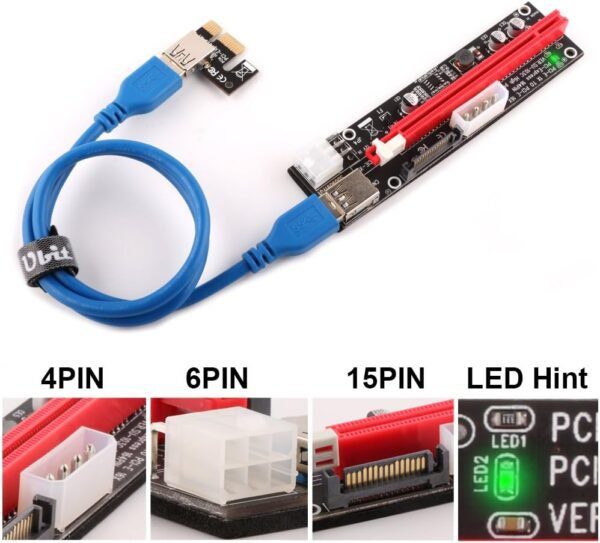 Ubit 6 Pack Latest GPU PCI-E Riser Express Cable 16X to 1X (6pin / MOLEX/SATA) with Led Graphics Extension Ethereum ETH Mining Powered Riser Adapter Card - Image 2