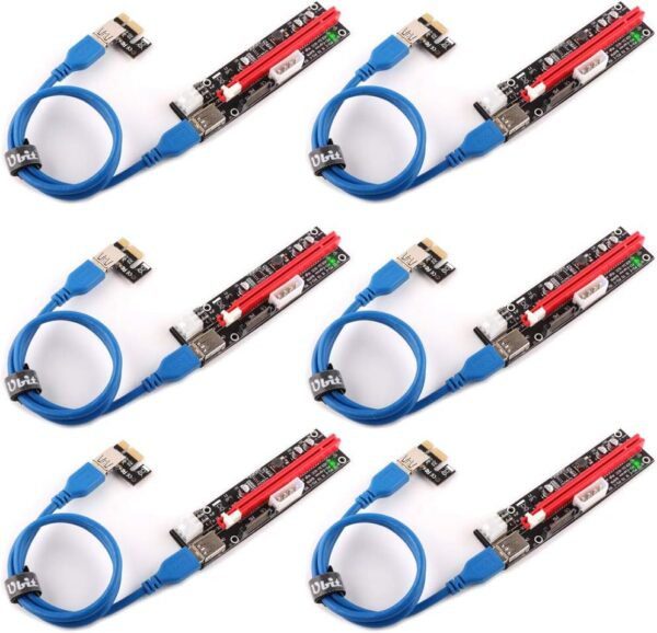 Ubit 6 Pack Latest GPU PCI-E Riser Express Cable 16X to 1X (6pin / MOLEX/SATA) with Led Graphics Extension Ethereum ETH Mining Powered Riser Adapter Card