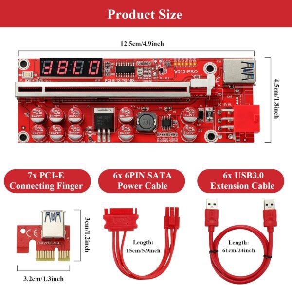6PACK PCI-E 1X to 16X Riser Card - VER013 Pro PCIe Riser Adapter Card Ethereum ETH Bitcoin Mining Devices, Digital Cryptocurrency Mining Rig (Red 6 Pack) - Image 7