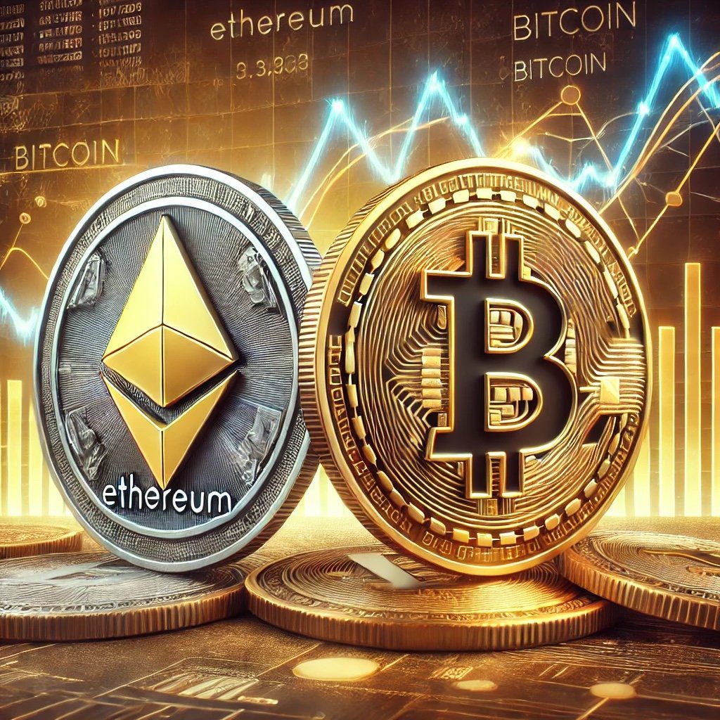 DALL·E 2024 07 30 17.47.26 A digital illustration comparing Ethereum and Bitcoin. The image shows tw