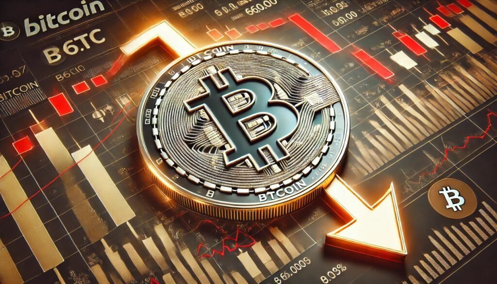 DALL·E 2024 08 30 06.21.20 A feature image for an article titled Bitcoin BTC Stumbles Below 60000 As