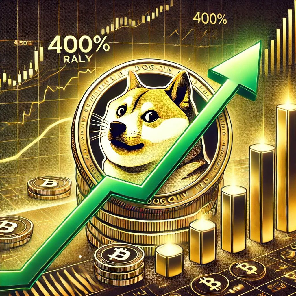 DALL·E 2024 10 18 16.55.53 A digital illustration depicting Dogecoin on track for a 400 rally based