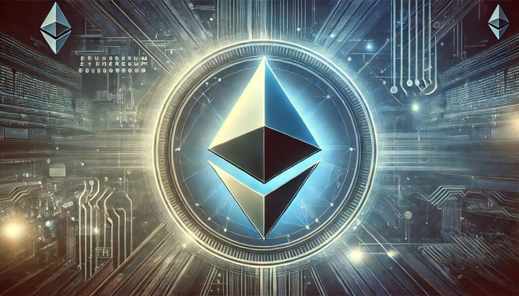 DALL·E 2024 10 28 08.33.48 A wide format image depicting the Ethereum ETH logo prominently in the ce