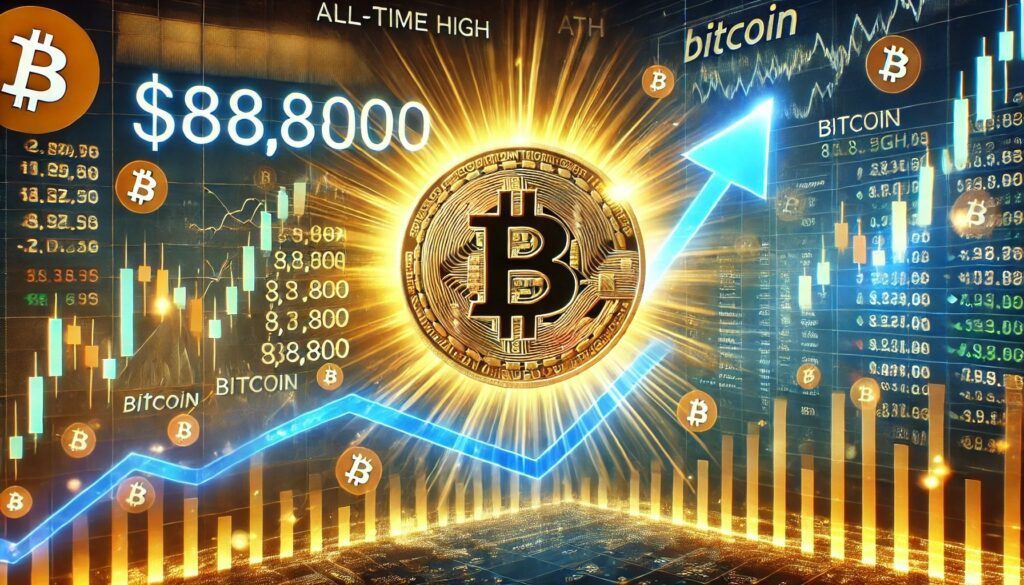 DALL·E 2024 11 09 07.47.26 A financial themed image showcasing Bitcoins BTC recent all time high ATH