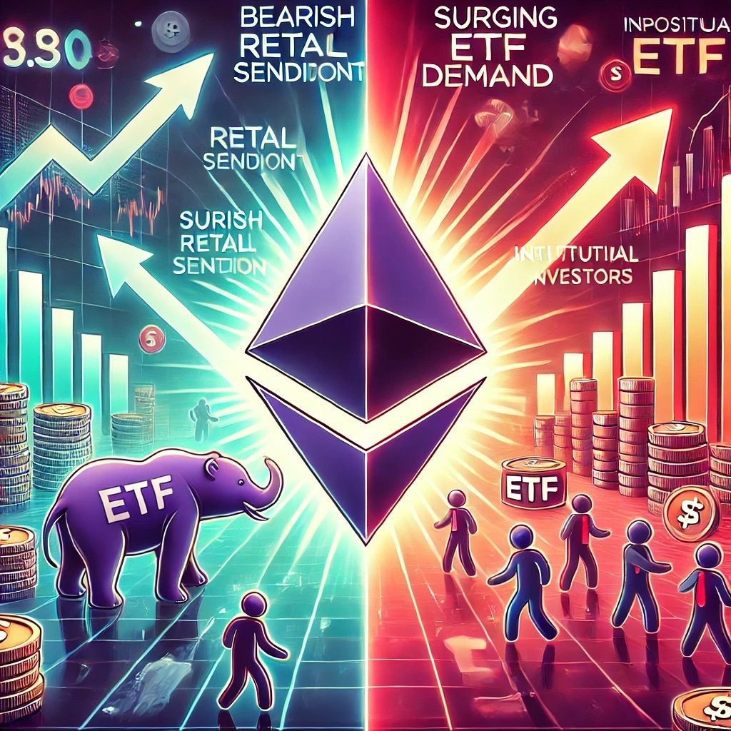 DALL·E 2024 12 10 16.59.52 A digital illustration showcasing Ethereums logo prominently amidst a dua