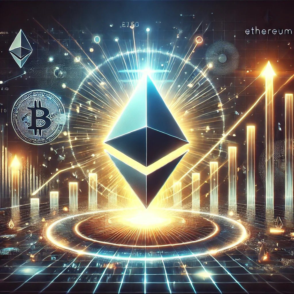 DALL·E 2024 12 23 14.55.08 A digital illustration showing Ethereum poised for a breakout in the cryp