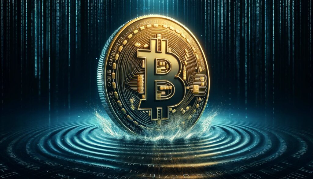 DALL·E 2024 05 15 06.50.42 A visually striking and dynamic wide format illustration of a Bitcoin coi