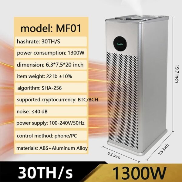 TF10 Bitcoins Miner 30TH/S Solo Miner SHA-256 Algorithm Win 3.125BTC 1300W Support BTC/BCH Crypto Currency Lottery Home Mining Machine ≤40dB Low Noise, Silver - Image 2