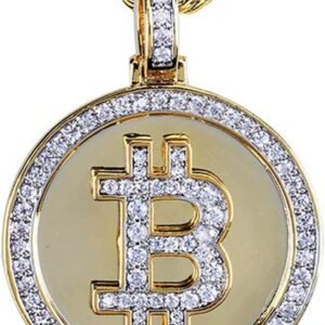 JAJAFOOK Iced Out CZ Simulated Diamond 14K Gold Plated Bitcoin Cryptocurrency Pendant Necklace with Rope Chain