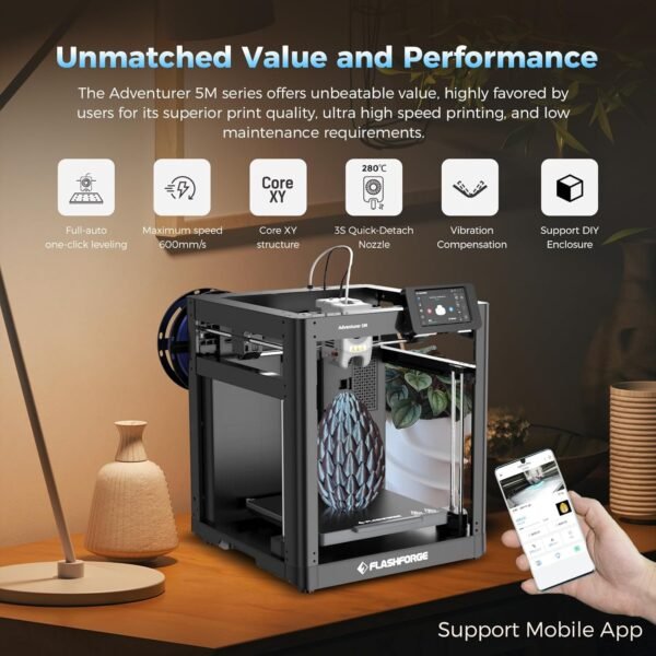 FLASHFORGE Adventurer 5M 3D Printer with Fully Auto Leveling, Max 600mm/s High Speed Printing, 280°C Direct Extruder with 3S Detachable Nozzle, CoreXY All Metal Structure, Print Size 220x220x220mm - Image 2