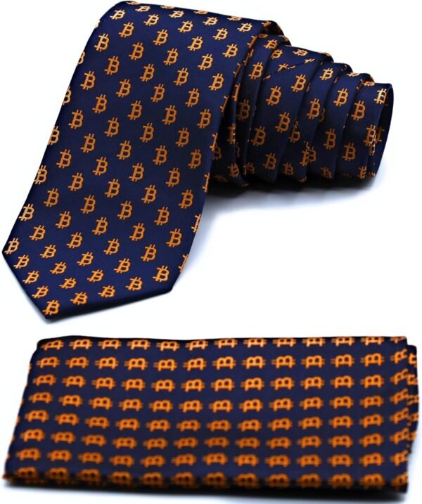 Bitcoin Men's Silk Tie and Pocket Square Combo, Men's Tie and Handkerchief Woven Silk Bitcoin pattern - Image 4
