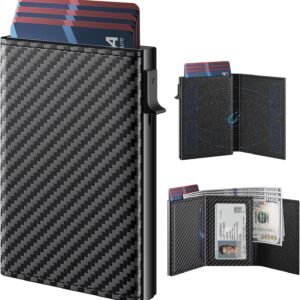 typecase Mens Wallet Card Holder: Pop Up Aluminum Case, Genuine Leather, Smart, RFID Blocking, Slim, Minimalist, Front Pocket – 9-14 Card Capacity | ID Window | Cash Slot (Carbon Fiber)