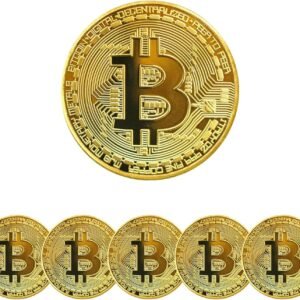 6PCS Gold Plated Bitcoin Coins – 40mm Diameter, 3mm Thickness Commemorative Physical BTC Cryptocurrency Collectible with Clear Protective Case, for Blockchain Enthusiasts