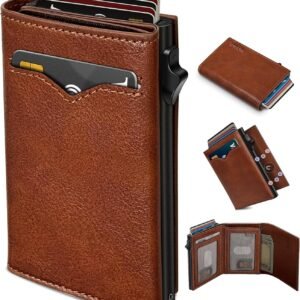 Wallet for Men,with Cash Pocket 2 ID Window 9-13 Cards,Metal Case Smart Slim Pop Up Credit Card Holder Flip with Magnetic Closure RFID Blocking Trifold wallet with Gift Box