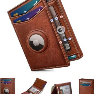 Airtag Wallet for Men,with Cash Pocket 2 ID Window 14-16 Cards Magnetic Closure Slim Trifold Leather Wallet 4.0″x3.1″, RFID Blocking Front Pocket Wallet with Gift Box