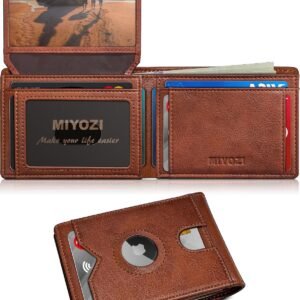 Airtag Wallet for Men,with Cash Pocket 2 ID Window 13 Cards,Slim Leather Wallet Front Pocket Card Holder RFID Blocking with Gift Box