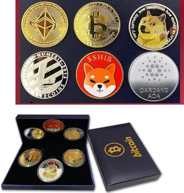 Gold Plated Physical Bitcoin (BTC) - Ethereum (ETH) Shiba Inu (SHIB) Binance (BNB) Polkadot (DOT) Dogecoin (Doge) Commemorative Coin - Blockchain Crypto Coin Set Display