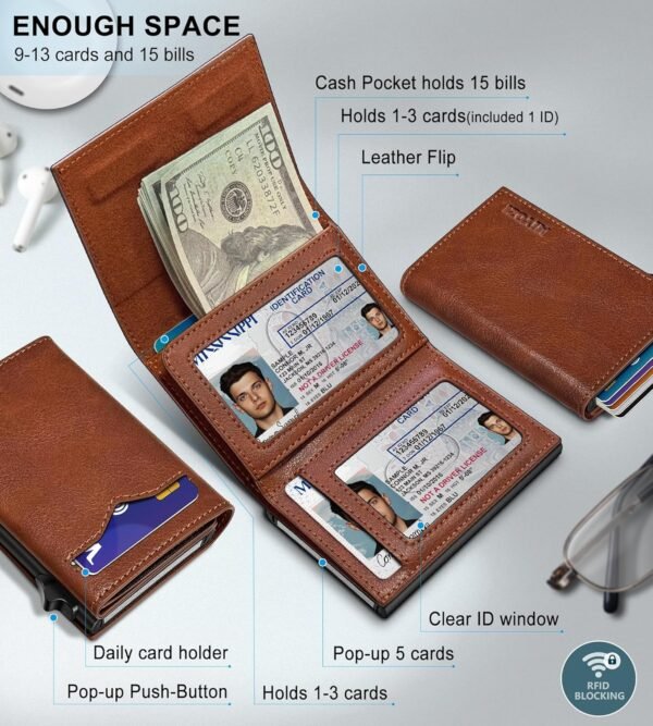 Wallet for Men,with Cash Pocket 2 ID Window 9-13 Cards,Metal Case Smart Slim Pop Up Credit Card Holder Flip with Magnetic Closure RFID Blocking Trifold wallet with Gift Box - Image 2