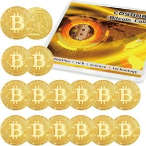 15Pcs Bitcoin Coin, Bitcoin Commemorative Coin, Blockchain Cryptocurrency, Collectible Coin with Protective Case, Gold Bitcoin Tokens, Home and Office Decoration (Gold)