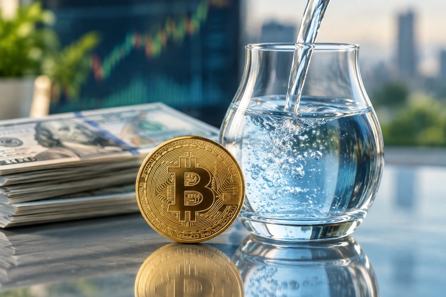 How Dollar Liquidity Impacts Bitcoin Markets 1 A Bitcoin coin beside flowing water and U.S. dollar bills.