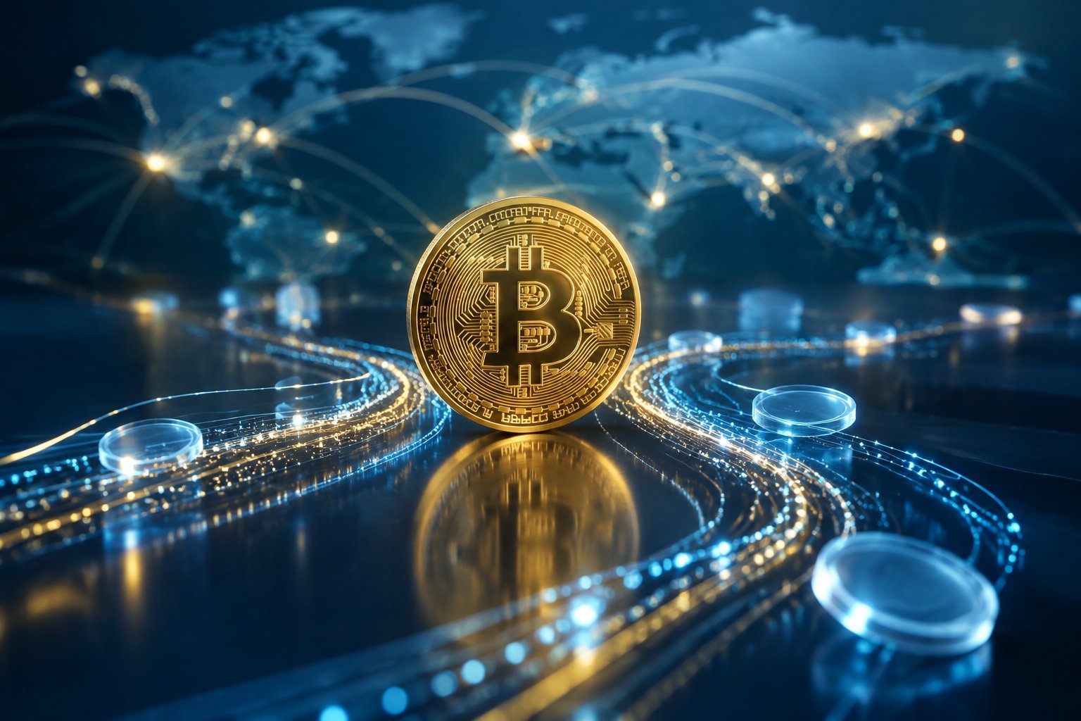 A golden Bitcoin coin surrounded by flowing lights and a subtle global network .stablecoin flows and Bitcoin demand analysis