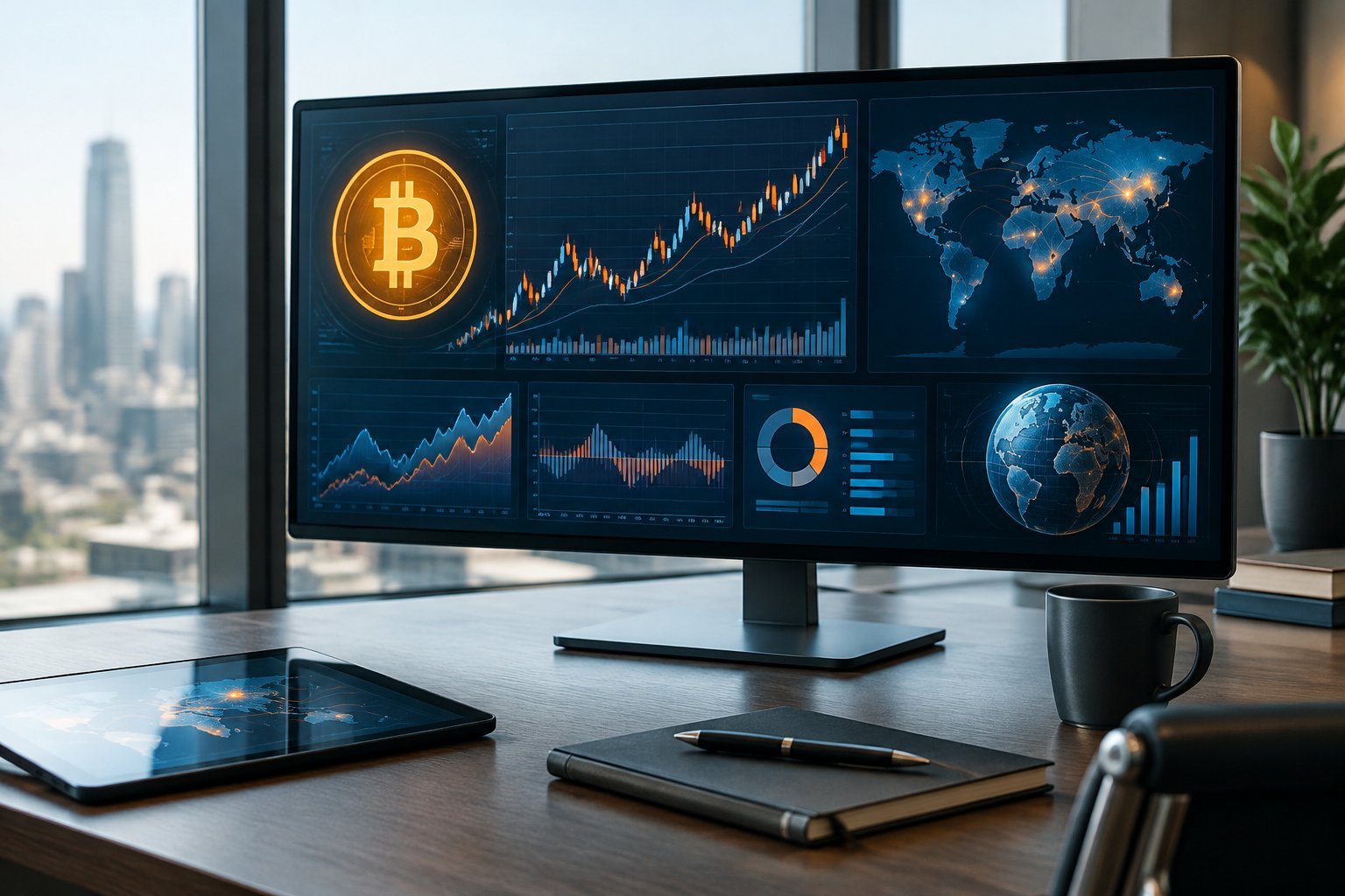 Building a Bitcoin-Dollar Macro Dashboard 1 A financial analyst’s monitor displays Bitcoin market charts and economic graphics.